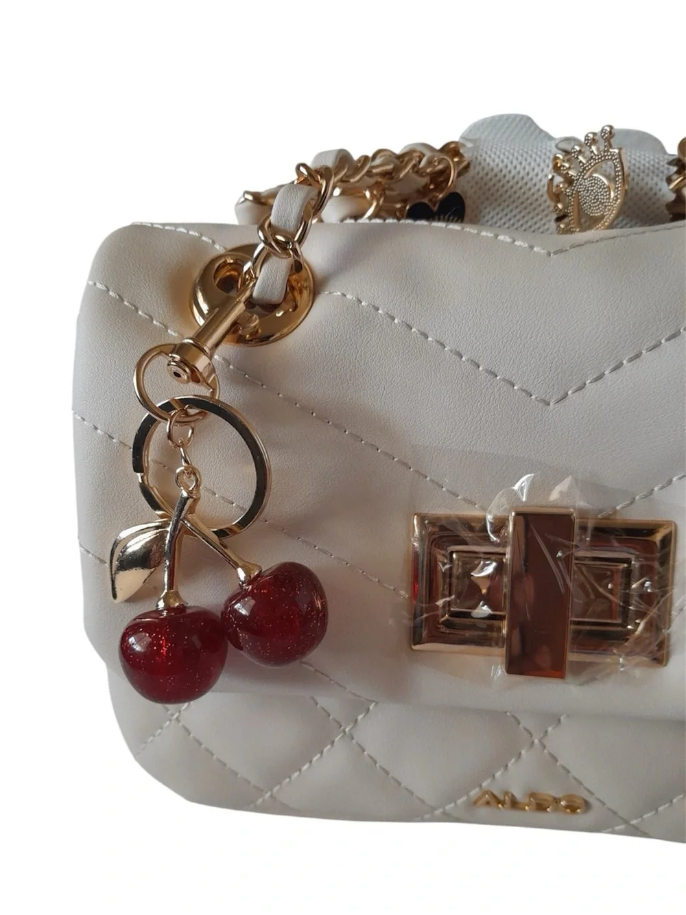 3pc Pearl Cherry Bag Charm Purse Chain Extender Set Gold Hardware Y2K Coquette